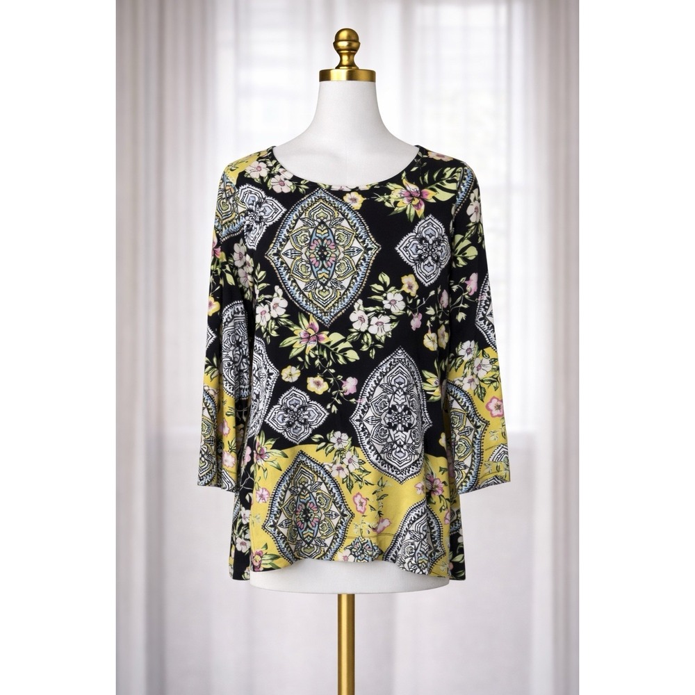 Melissa Paige Popover Top Petite XL Colorful Vibrant Yellow Black Floral‎ Blouse